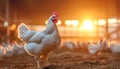 White hen standing in farm barn with chickens flock on background at sunrise