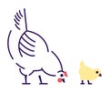 White hen with yellow chick pecking flat vector illustration. Domestic bird breeding concept. Mother chicken isolated