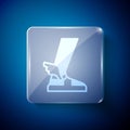 White Hermes sandal icon isolated on blue background. Ancient greek god Hermes. Running shoe with wings. Square glass