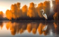 White heron on the river at  autumn landscape and sunrise. Generative Al Illustration Royalty Free Stock Photo