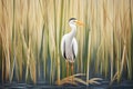 white heron standing between tall reeds in marshland