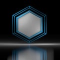 White hexagon with blue wireframe on black background.