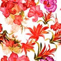 White Hibiscus Illustration. Purple Flower Illustration. Red Watercolor Painting. Floral Background. Seamless Textile. Pattern Tex Royalty Free Stock Photo