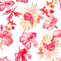 White Hibiscus Painting. Red Flower Backdrop. Scarlet Seamless Print. Pink Watercolor Design. Pattern Foliage. Tropical Jungle. Ex Royalty Free Stock Photo