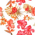 White Hibiscus Textile. Red Flower Decor. Orange Seamless Leaves. Yellow Watercolor Decor. Pattern Set. Tropical Backdrop. Exotic Royalty Free Stock Photo