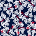 White hibiscus tropical embroidery floral seamless pattern