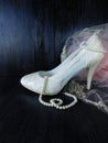 White high heel shoe and pearl jewellery Royalty Free Stock Photo