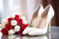 White high heel wedding shoes and beautiful red and white roses bouquet. Wedding concept Royalty Free Stock Photo