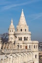 White high-pitched stone towers of Fisherman`s Bastion on Buda castle in Budapest Royalty Free Stock Photo