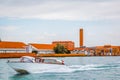 White high-speed motor boat sails along the coast, Italy Royalty Free Stock Photo