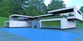 White high tech building with blue water swimming pool. Flat roof. Awesome design. 3d render.
