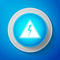 White High voltage icon isolated on blue background. Danger symbol. Arrow in triangle. Warning icon. Circle blue button