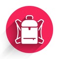White Hiking backpack icon isolated with long shadow background. Camping and mountain exploring backpack. Red circle Royalty Free Stock Photo