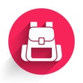 White Hiking backpack icon isolated with long shadow. Camping and mountain exploring backpack. Red circle button. Vector Royalty Free Stock Photo