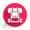 White Hiking backpack icon isolated with long shadow. Camping and mountain exploring backpack. Red circle button. Vector Royalty Free Stock Photo