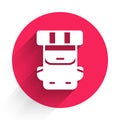 White Hiking backpack icon isolated with long shadow. Camping and mountain exploring backpack. Red circle button. Vector Royalty Free Stock Photo