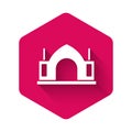 White Hindu spiritual temple icon isolated with long shadow background. Pink hexagon button. Vector