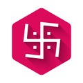 White Hindu swastika religious symbol icon isolated with long shadow background. Pink hexagon button. Vector