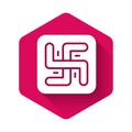 White Hindu swastika religious symbol icon isolated with long shadow. Pink hexagon button. Vector