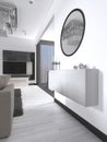 White hinged console with a mirror in the living room contemporary style Royalty Free Stock Photo