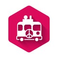 White Hippie camper van icon isolated with long shadow background. Travel by vintage bus. Tourism, summer holiday. Pink