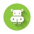 White Hippo or Hippopotamus icon isolated with long shadow background. Animal symbol. Green circle button. Vector