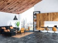 White home office corner, wooden bookcase