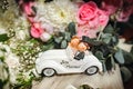 White.honeymoon car with flower. pedal car, wedding decoration. Wedding concept Royalty Free Stock Photo