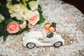 White.honeymoon car with flower. pedal car, wedding decoration. Wedding concept Royalty Free Stock Photo