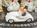 White.honeymoon car, pedal car with wedding decoration. Wedding concept Royalty Free Stock Photo