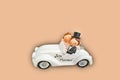 White.honeymoon car. pedal car, decoration. Wedding concept.Beige Background Royalty Free Stock Photo