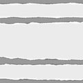 White horizontal torn paper stripes placed on gray background. Vector realistic ripped paper notes