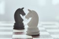 White horse on a black horse in a blur, two on the chessboard. Chess is an strategy and intelligence board game. Royalty Free Stock Photo