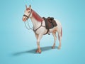 White horse with bridle with red mane and tail 3d render on blue background with shadow Royalty Free Stock Photo