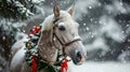 A Majestic White Horse Adorned with a Festive Christmas Wreath Royalty Free Stock Photo