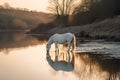 a white horse drinking water from a body of water Royalty Free Stock Photo