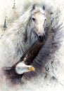 White horse with a flying eagle beautiful painting illustration Royalty Free Stock Photo