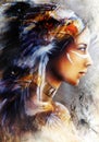 mystical young indian woman with eagle feather headdress, beautiful painting illustration Royalty Free Stock Photo