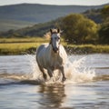 White horse galloping in water on sunny day, created using generative ai technology