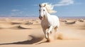 White horse gallops across sandy desert on a hot sunny day, raising clouds of dust. The mane flutters in the wind.