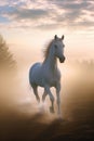 A white horse gallops out of the fog in the rays of the morning rising sun. Generated by Ai