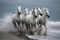 White Horse Herd in Wild, Running Stallion by Seaside, Beautiful Horse, Abstract Generative AI Illustration Royalty Free Stock Photo