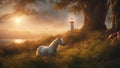white horse on the hill A lighthouse in a fantasy forest, where colorful mushrooms, flowers, and vines grow. A unicorn is nearby Royalty Free Stock Photo