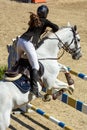 White horse jumping the obstacle durign a five star competition