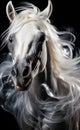 A white horse with long hair blowing in the wind. Generative AI image. Royalty Free Stock Photo