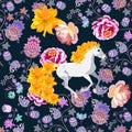 White horse with mane and tail in shape of golden dahlia flowers against floral and paisley ornament on dark background.