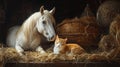 White Horse and Orange Cat Resting in Hay Filled Barn Royalty Free Stock Photo
