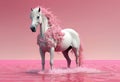 White horse with pink mane stands elegantly in enchanting body of water, surreal and magical scene