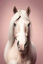 White horse portrait on light pink background. Ai generative illustration.