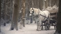 White horse pulling a carriage in snowy forest generated by AI tool